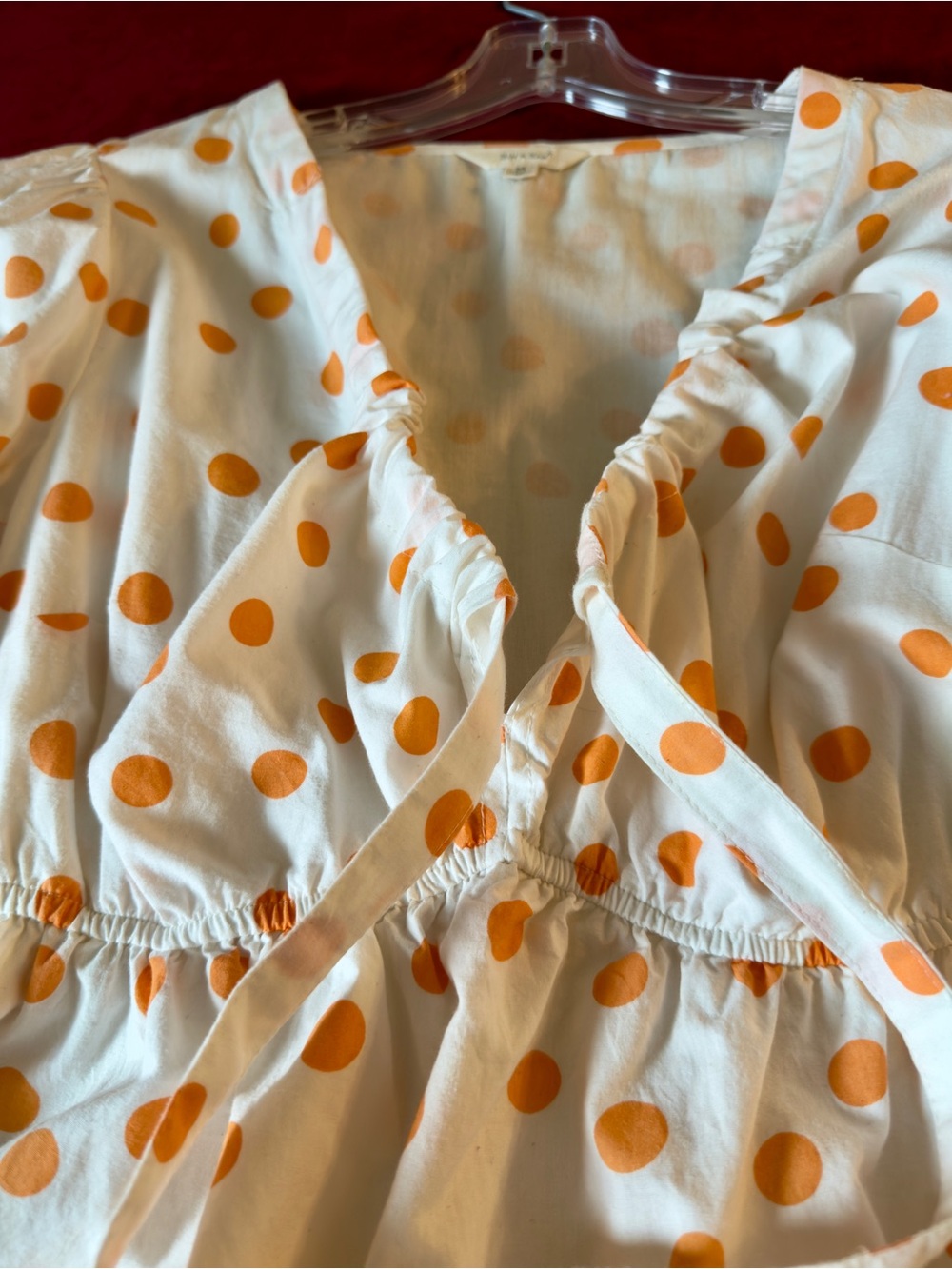 White Mini Dress with Orange Polka Dots - Casual Tie-Front